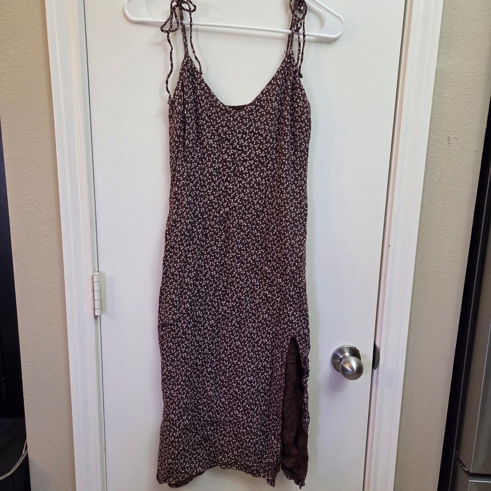 Abercrombie & Fitch Brown Floral Ditsy Midi Dress Tie Strap Side Slit XS